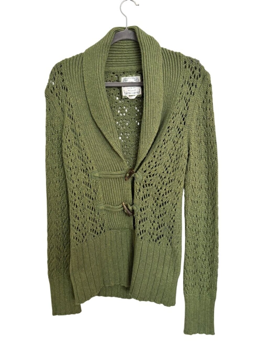Old Navy Green Open Knit Cardigan Sweater Womens Medium Shawl Collar Toggle Clos - Picture 11 of 11